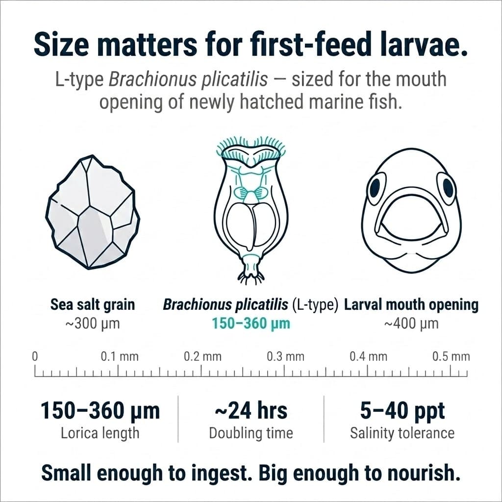 Size comparison: sea salt grain 300 microns, Brachionus plicatilis L-type 150 to 360 microns, larval fish mouth opening approximately 400 microns