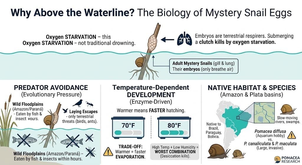 Mystery snail egg biology infographic showing why eggs are laid above the waterline — embryos are terrestrial respirers that die from oxygen starvation underwater, predator avoidance evolutionary pressure, temperature-dependent enzyme-driven development, and native range in Amazon and Plata basins