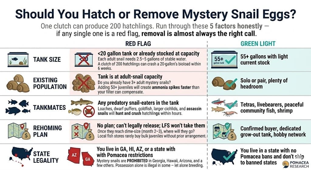 Should you hatch or remove mystery snail eggs decision matrix — 5 factors compared with red flag versus green light: tank size, existing population, tankmates, rehoming plan, and state legality